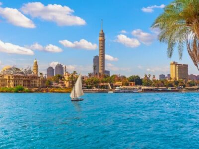 cairo downtown view on gezira island in the nile and sailboat egypt